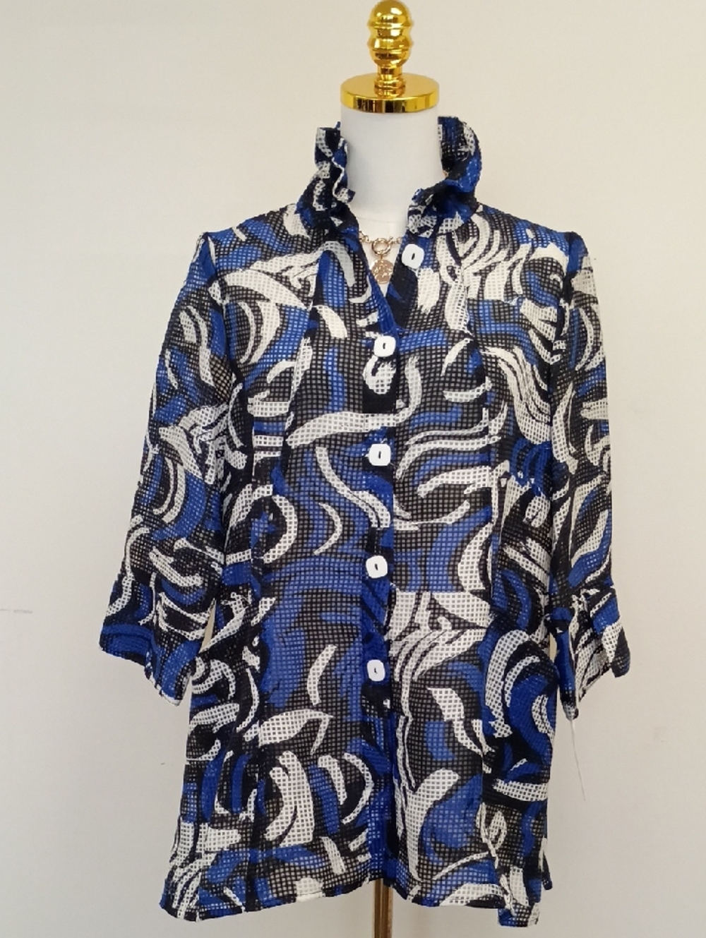 IC By Connie K Ruffle Blouse Blue Black Print Size Small NWT